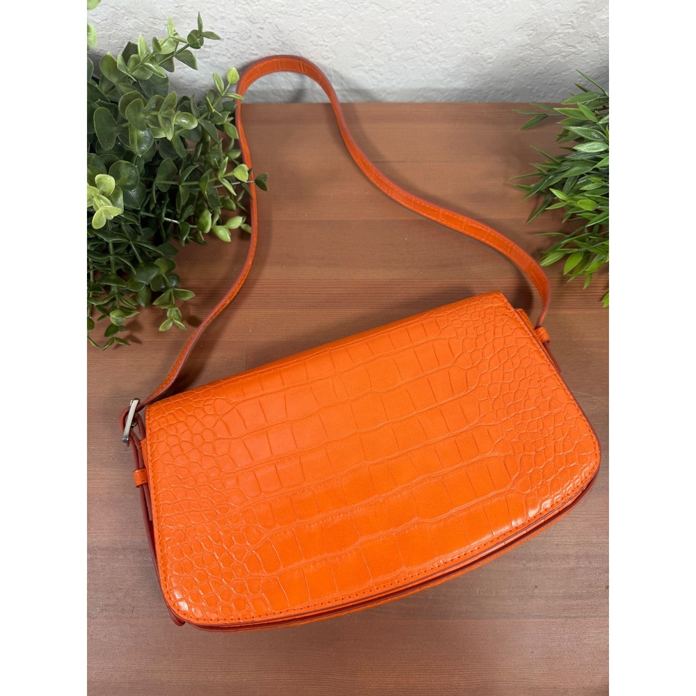 Mango Women Croc Effect Orange Faux Leather Shoulder Bag